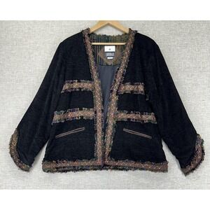 Yak Magik Jacket Womens Large Black Multicolor Boho Open Front Nepal Fringe Trim